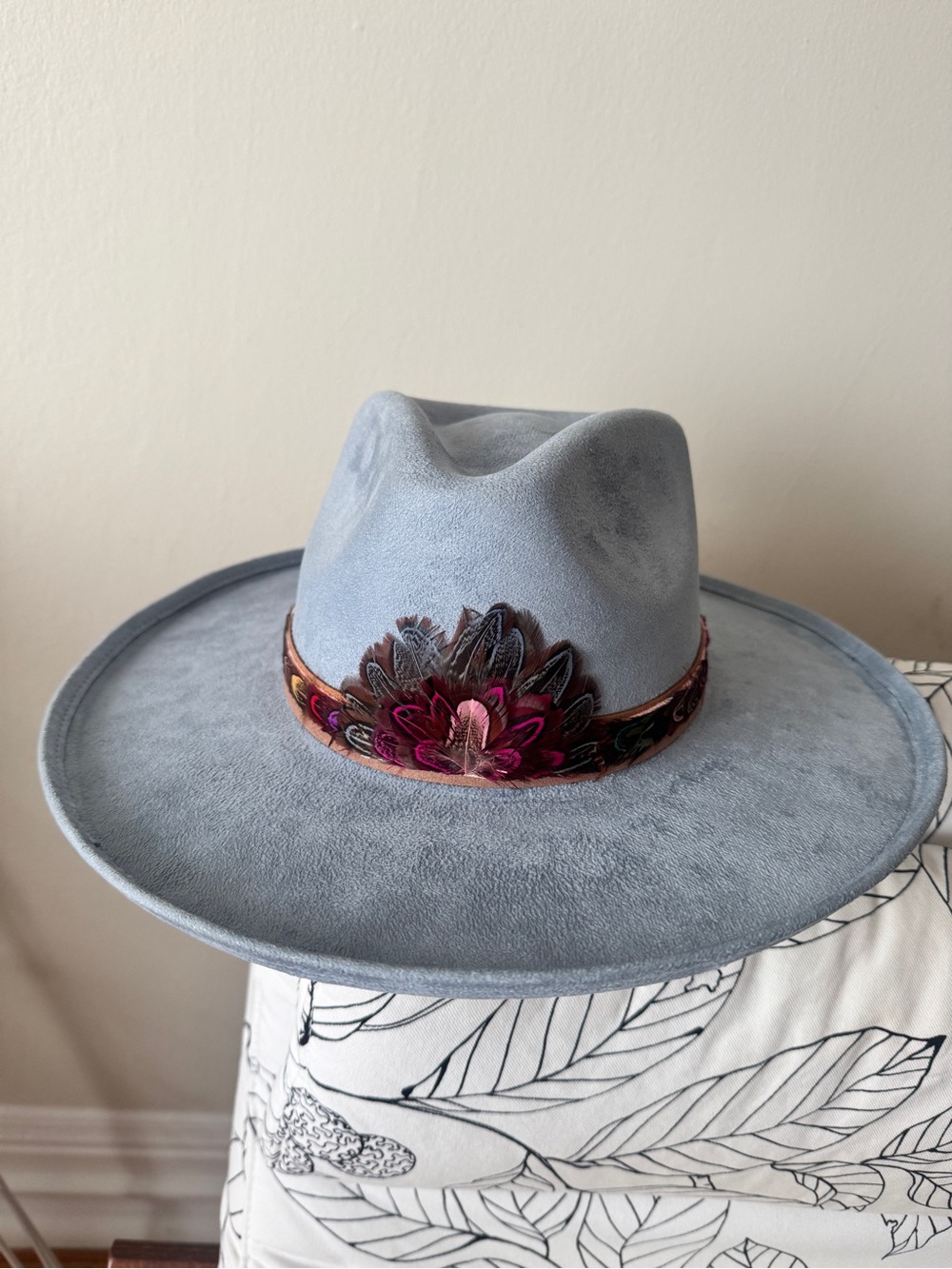 Light Gray Suede Wide-Brim Fedora with Floral Velvet Band